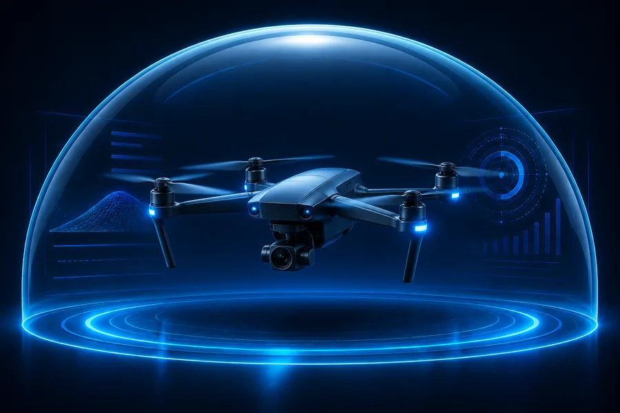 Dron chroniony dużą, świetlistą niebieską kopułą
