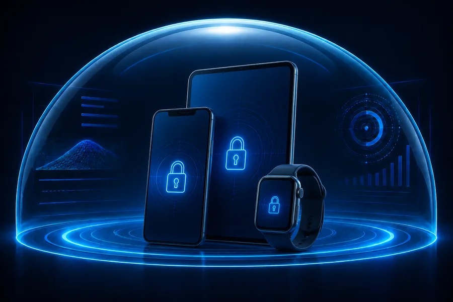 Telefon chroniony dużą, świetlistą niebieską kopułą